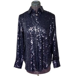 XS Sequin J. Crew Blouse hidden button Collection Navy